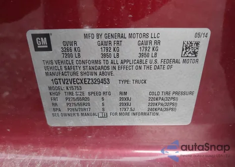 2014 GMC Sierra 1500 Slt из США, поврежденный, VIN 1GTV2VECXEZ329453